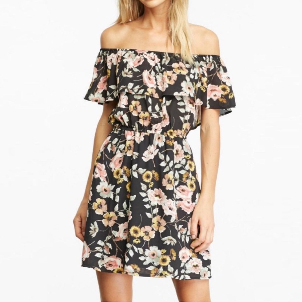 Cupcakes and Cashmere off shoulder black floral mini dress, size S